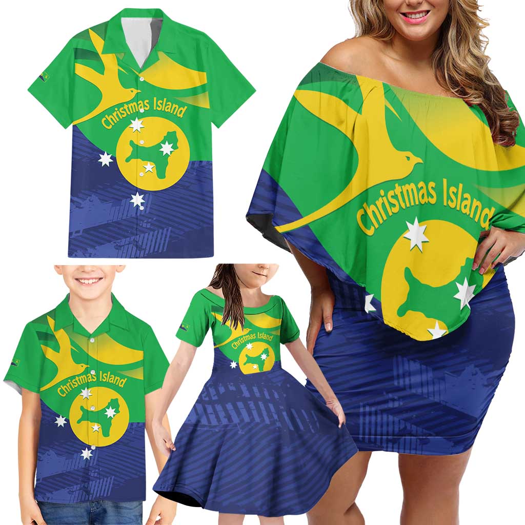 Personalised Australia Christmas Island Family Matching Off Shoulder Short Dress and Hawaiian Shirt Wilayah Pulau Krismas Flag Color - Aussie Hoodie