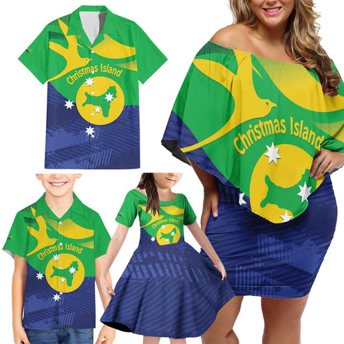 Personalised Australia Christmas Island Family Matching Off Shoulder Short Dress and Hawaiian Shirt Wilayah Pulau Krismas Flag Color - Aussie Hoodie