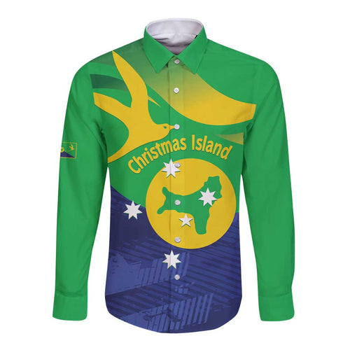 Personalised Australia Christmas Island Long Sleeve Button Shirt Wilayah Pulau Krismas Flag Color - Aussie Hoodie