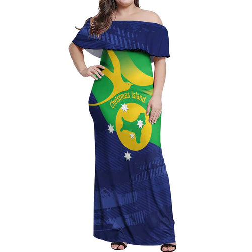 Personalised Australia Christmas Island Off Shoulder Maxi Dress Wilayah Pulau Krismas Flag Color - Aussie Hoodie