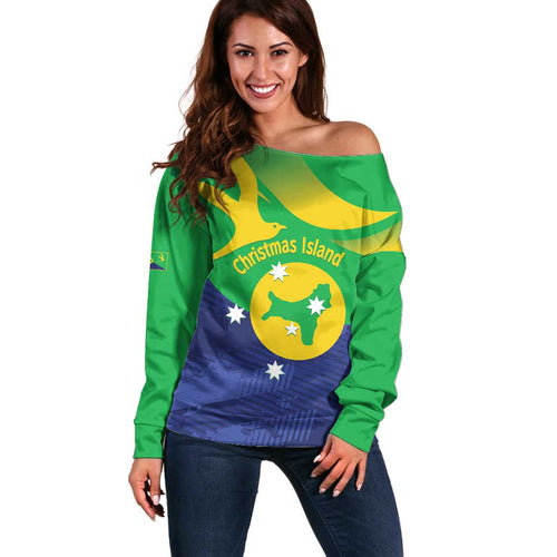 Personalised Australia Christmas Island Off Shoulder Sweater Wilayah Pulau Krismas Flag Color - Aussie Hoodie