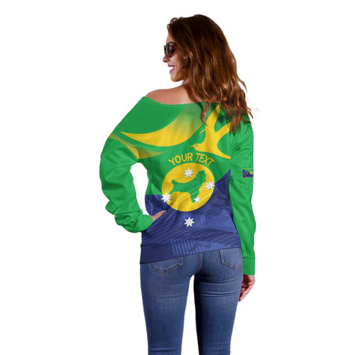 Personalised Australia Christmas Island Off Shoulder Sweater Wilayah Pulau Krismas Flag Color - Aussie Hoodie