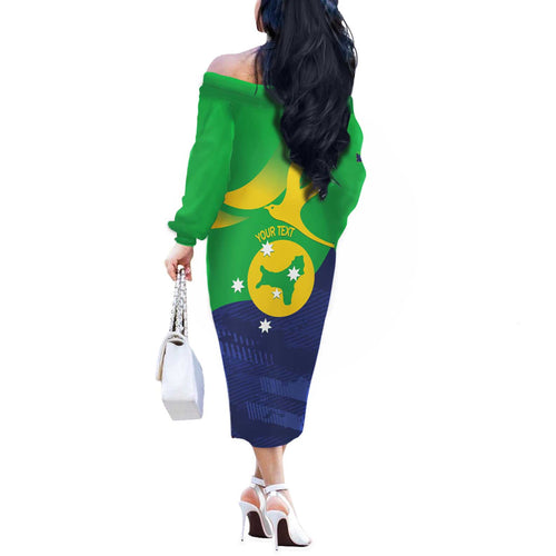 Personalised Australia Christmas Island Off The Shoulder Long Sleeve Dress Wilayah Pulau Krismas Flag Color - Aussie Hoodie