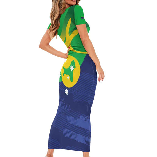 Personalised Australia Christmas Island Short Sleeve Bodycon Dress Wilayah Pulau Krismas Flag Color - Aussie Hoodie