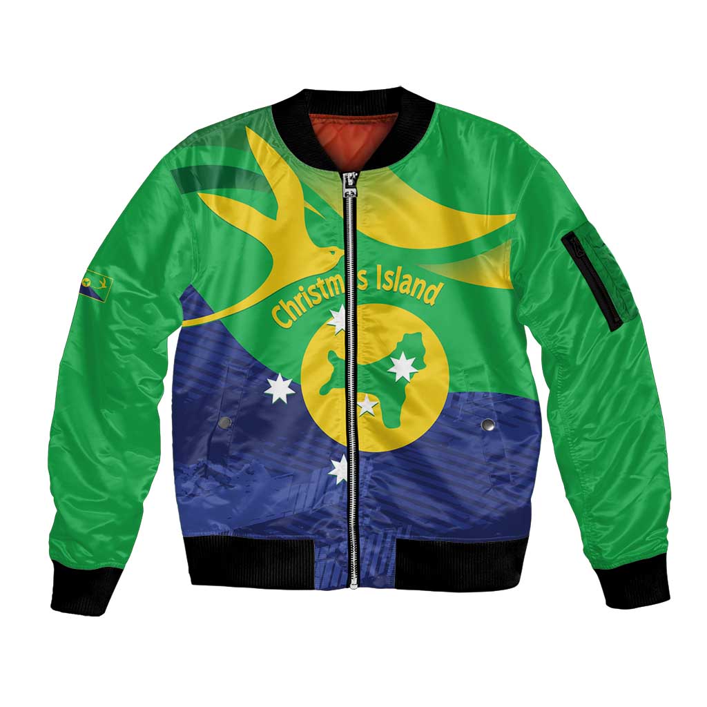 Personalised Australia Christmas Island Sleeve Zip Bomber Jacket Wilayah Pulau Krismas Flag Color - Aussie Hoodie