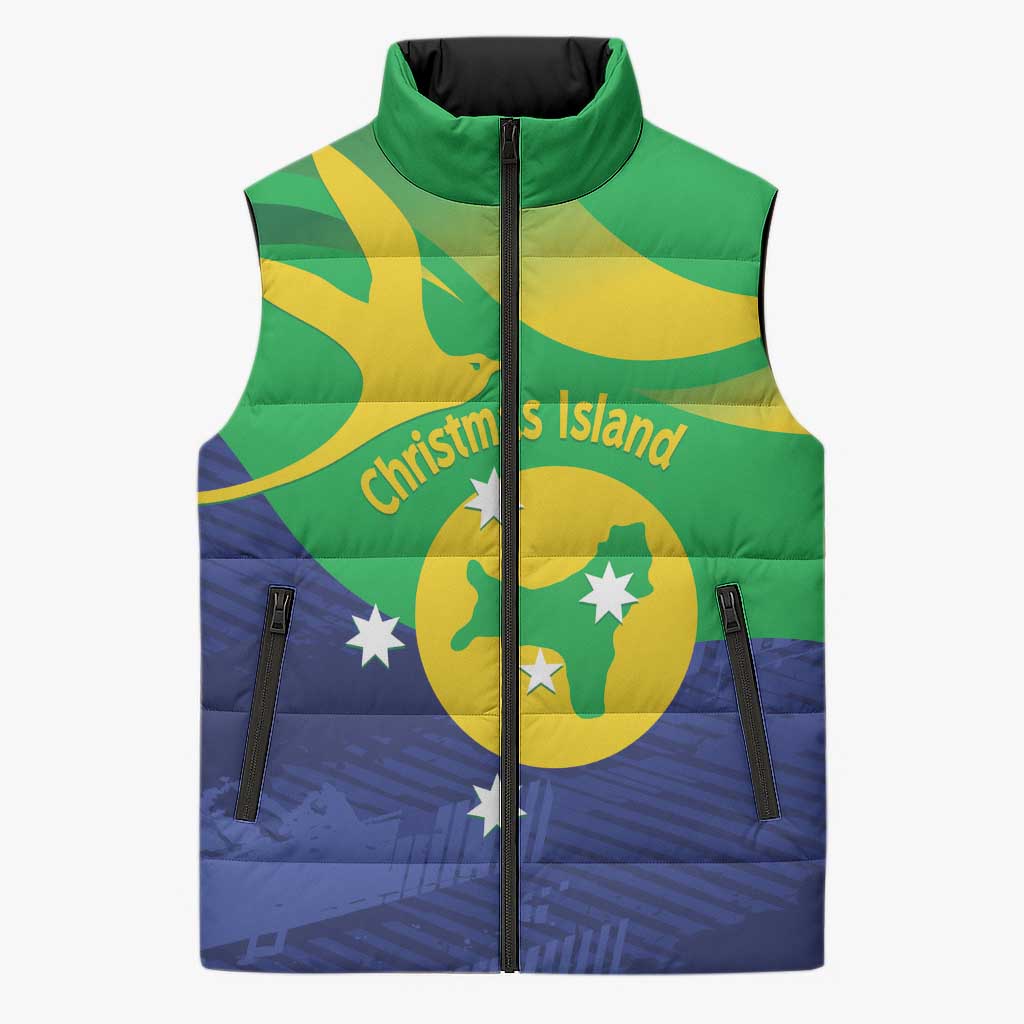Personalised Australia Christmas Island Sleeveless Puffer Jacket Wilayah Pulau Krismas Flag Color - Aussie Hoodie
