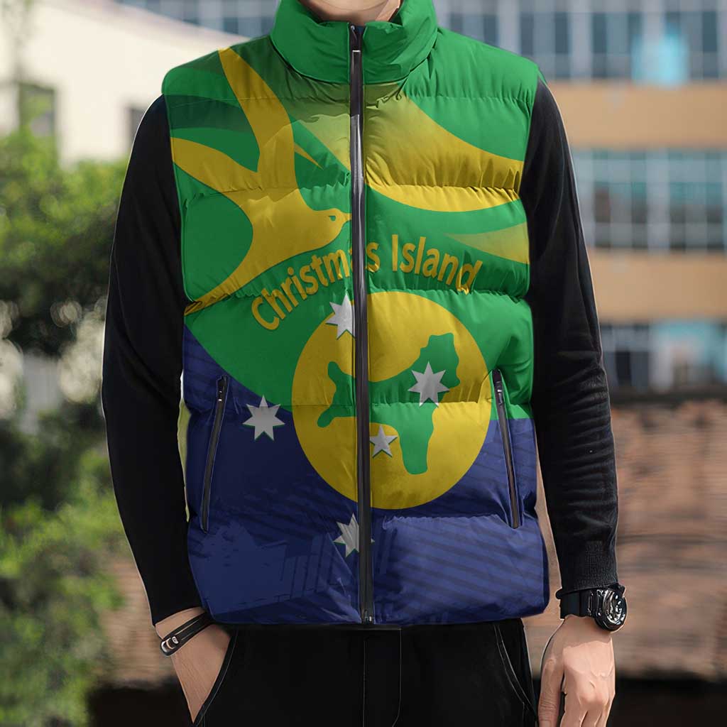 Personalised Australia Christmas Island Sleeveless Puffer Jacket Wilayah Pulau Krismas Flag Color - Aussie Hoodie