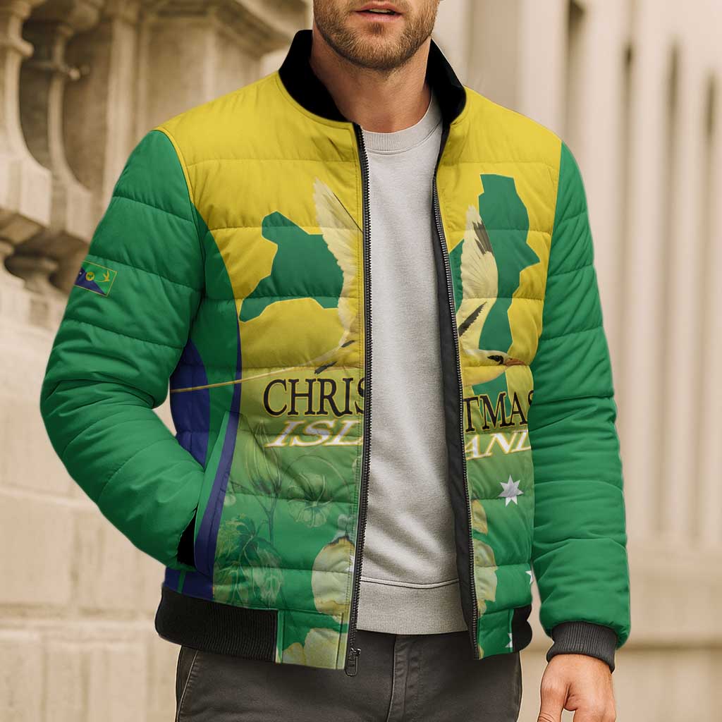Personalised Australia Christmas Island Bomber Puffer Jacket Golden Bosun Abutilon listeri With Map - Aussie Hoodie