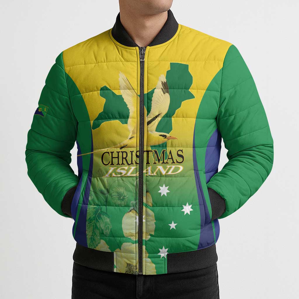 Personalised Australia Christmas Island Bomber Puffer Jacket Golden Bosun Abutilon listeri With Map - Aussie Hoodie