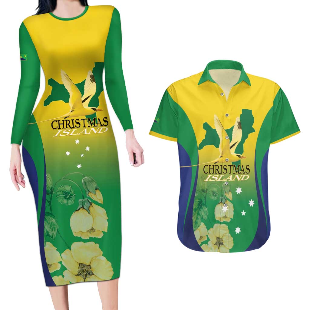 Personalised Australia Christmas Island Couples Matching Long Sleeve Bodycon Dress and Hawaiian Shirt Golden Bosun Abutilon listeri With Map - Aussie Hoodie