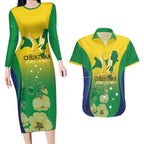 Personalised Australia Christmas Island Couples Matching Long Sleeve Bodycon Dress and Hawaiian Shirt Golden Bosun Abutilon listeri With Map - Aussie Hoodie