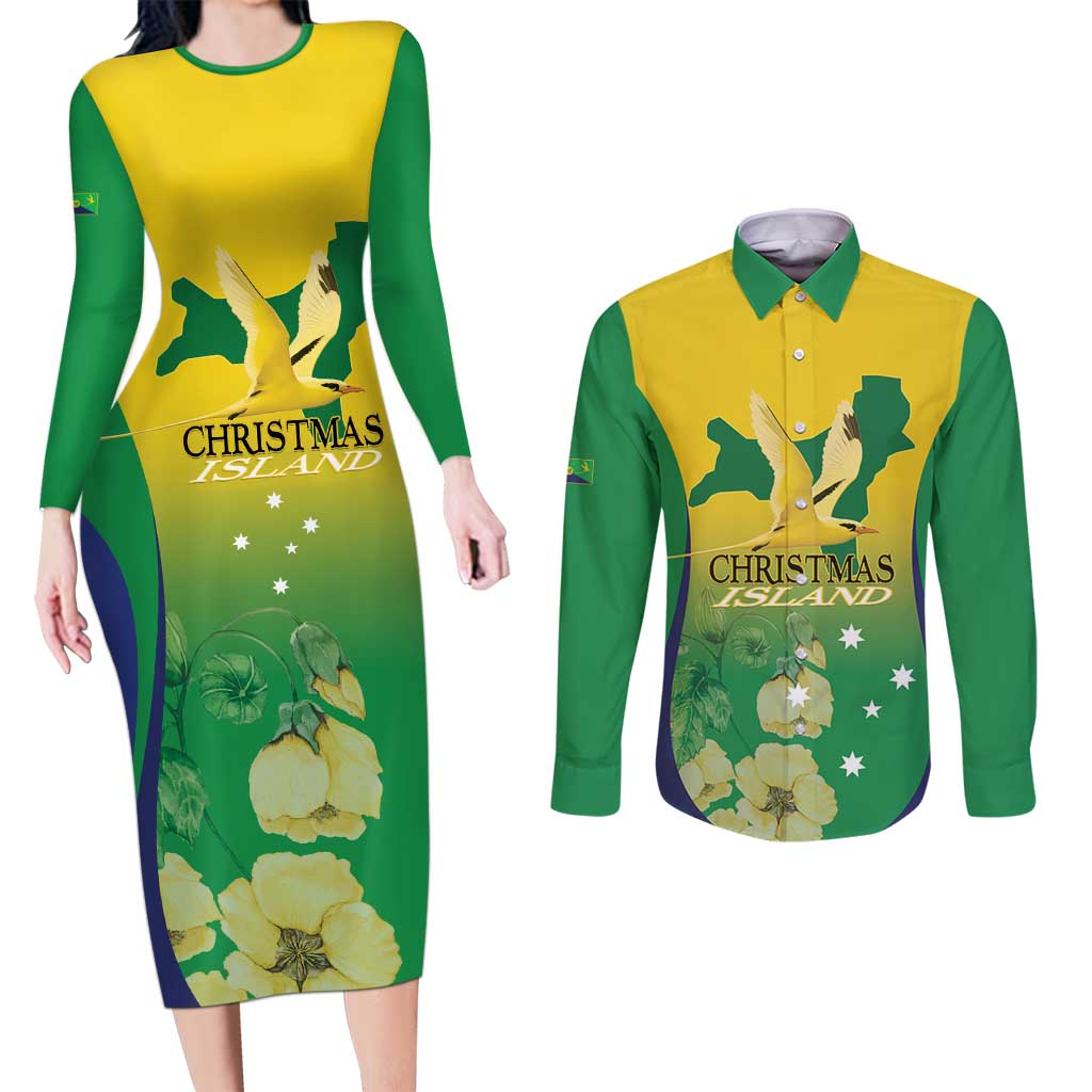 Personalised Australia Christmas Island Couples Matching Long Sleeve Bodycon Dress and Long Sleeve Button Shirt Golden Bosun Abutilon listeri With Map - Aussie Hoodie