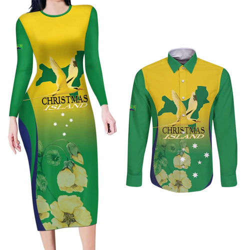 Personalised Australia Christmas Island Couples Matching Long Sleeve Bodycon Dress and Long Sleeve Button Shirt Golden Bosun Abutilon listeri With Map - Aussie Hoodie