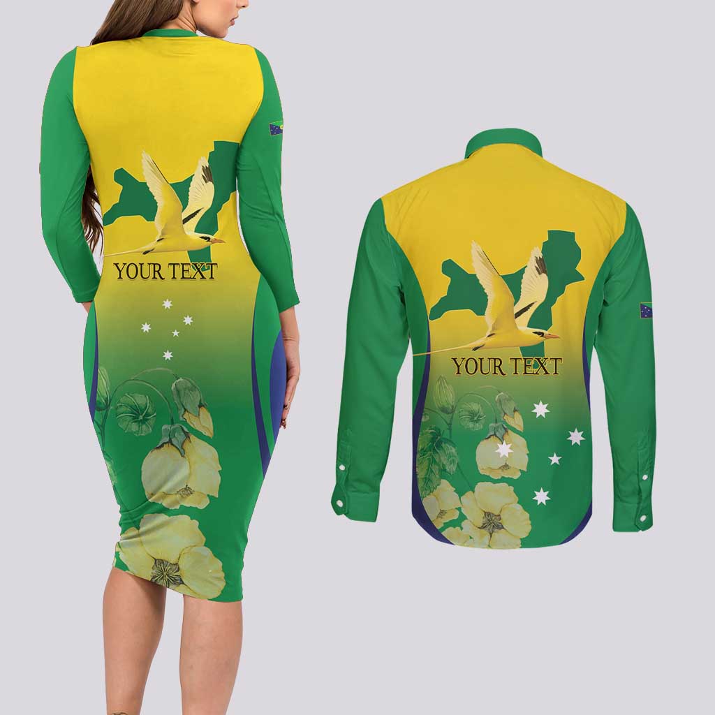 Personalised Australia Christmas Island Couples Matching Long Sleeve Bodycon Dress and Long Sleeve Button Shirt Golden Bosun Abutilon listeri With Map - Aussie Hoodie