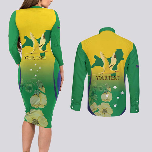 Personalised Australia Christmas Island Couples Matching Long Sleeve Bodycon Dress and Long Sleeve Button Shirt Golden Bosun Abutilon listeri With Map - Aussie Hoodie