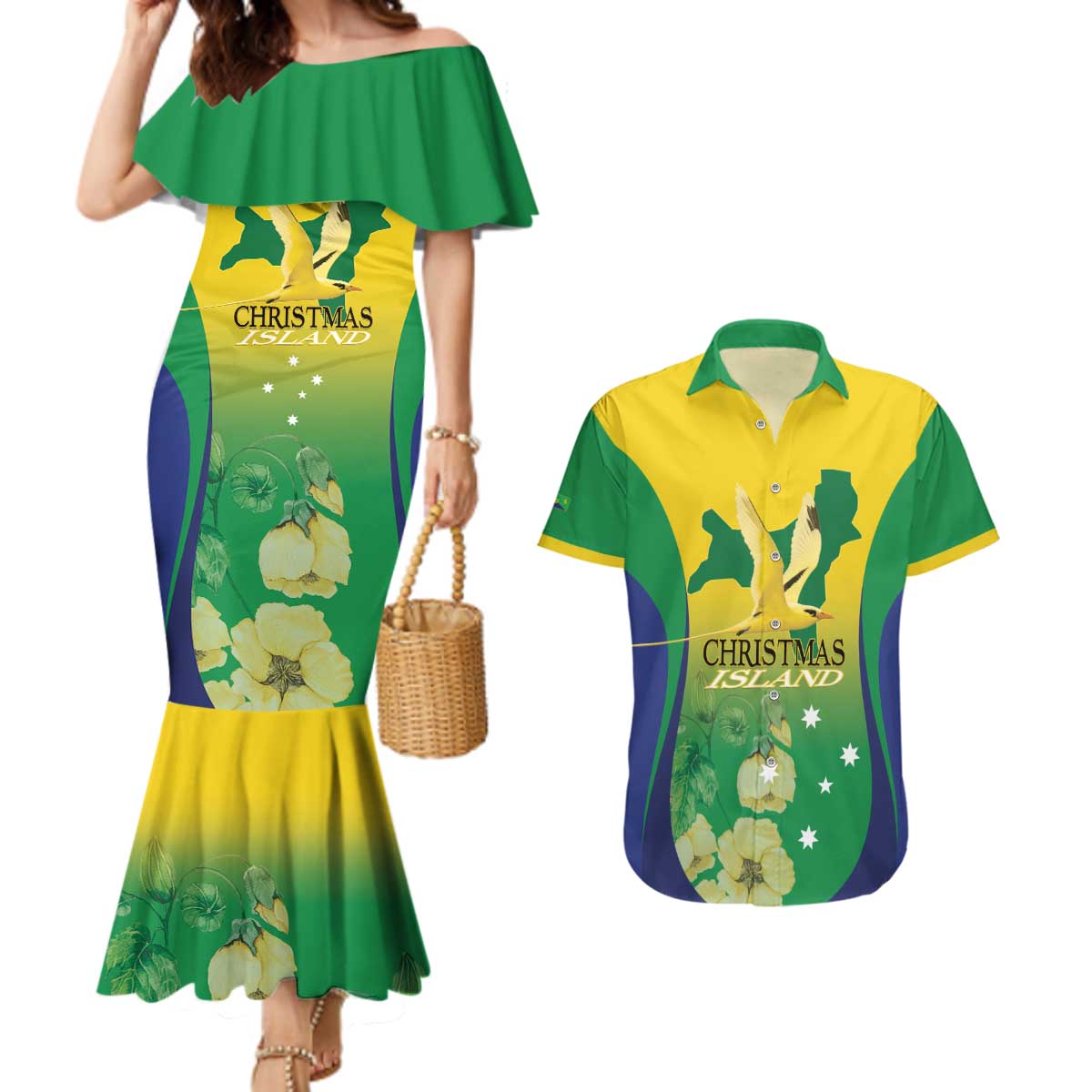 Personalised Australia Christmas Island Couples Matching Mermaid Dress and Hawaiian Shirt Golden Bosun Abutilon listeri With Map - Aussie Hoodie