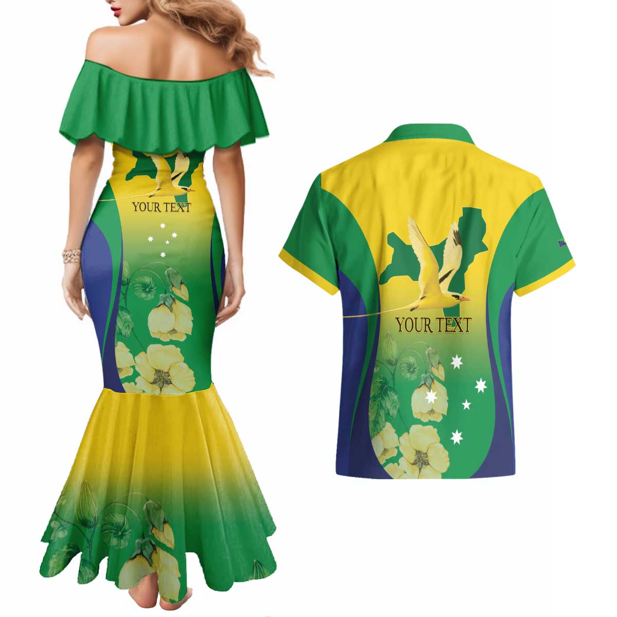 Personalised Australia Christmas Island Couples Matching Mermaid Dress and Hawaiian Shirt Golden Bosun Abutilon listeri With Map - Aussie Hoodie