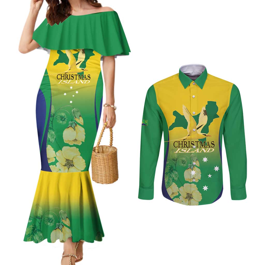 Personalised Australia Christmas Island Couples Matching Mermaid Dress and Long Sleeve Button Shirt Golden Bosun Abutilon listeri With Map - Aussie Hoodie