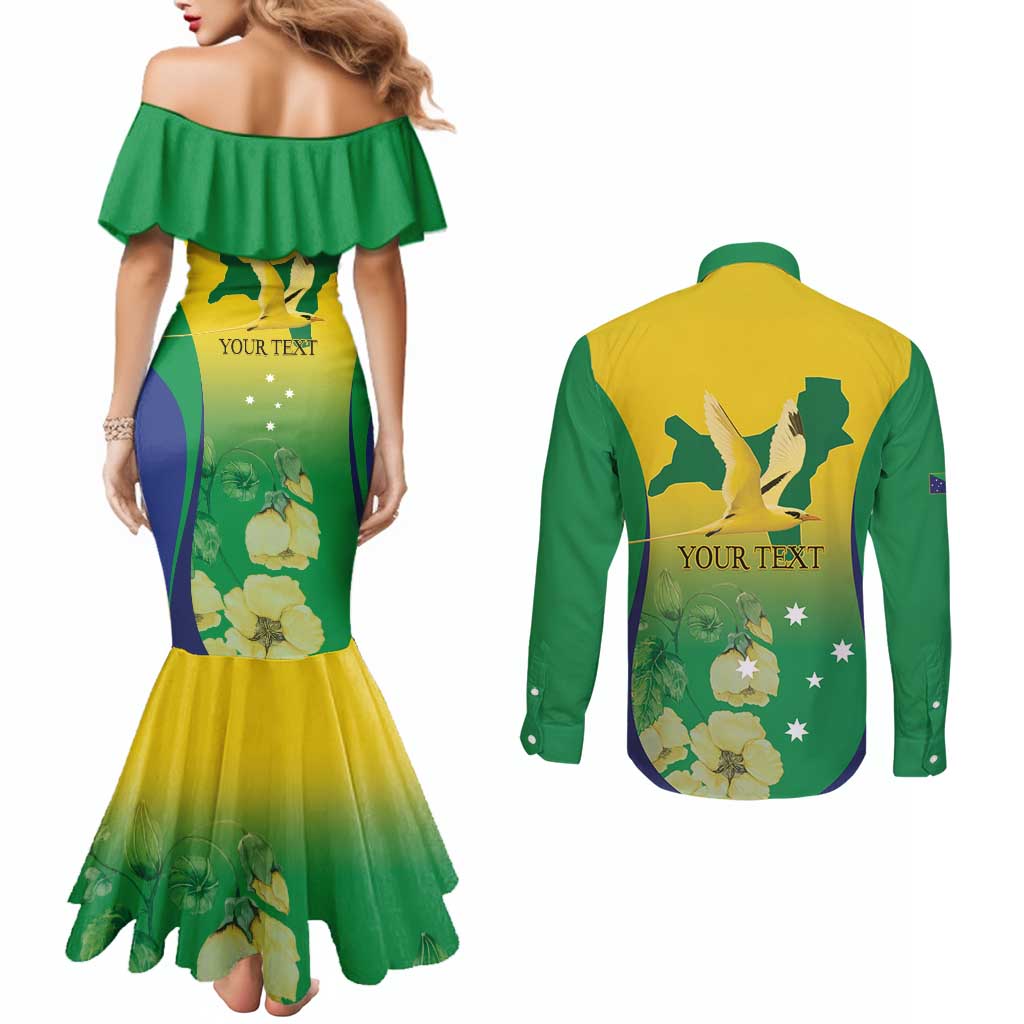 Personalised Australia Christmas Island Couples Matching Mermaid Dress and Long Sleeve Button Shirt Golden Bosun Abutilon listeri With Map - Aussie Hoodie