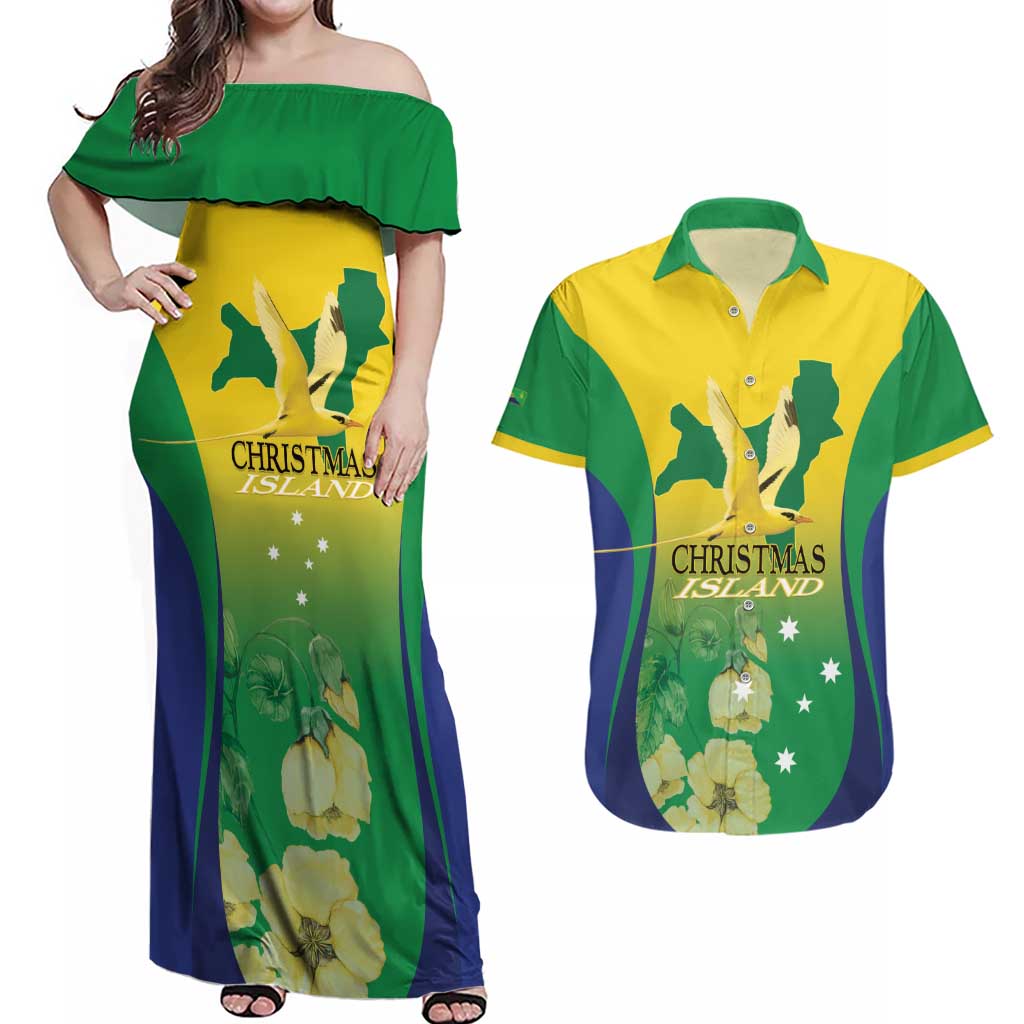 Personalised Australia Christmas Island Couples Matching Off Shoulder Maxi Dress and Hawaiian Shirt Golden Bosun Abutilon listeri With Map - Aussie Hoodie