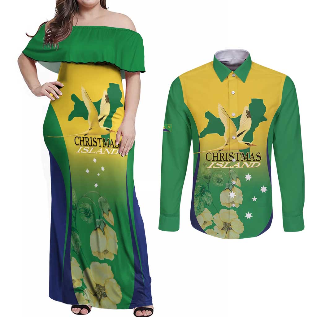 Personalised Australia Christmas Island Couples Matching Off Shoulder Maxi Dress and Long Sleeve Button Shirt Golden Bosun Abutilon listeri With Map - Aussie Hoodie