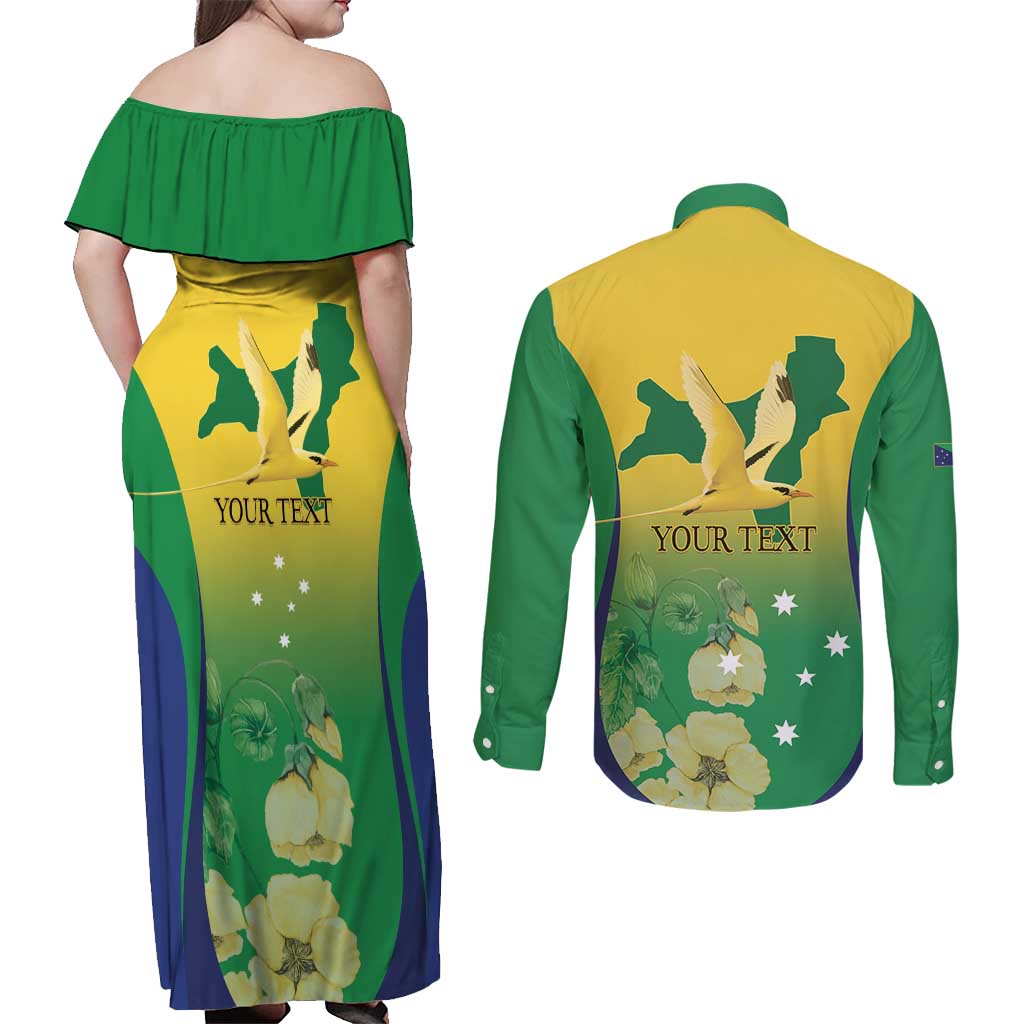Personalised Australia Christmas Island Couples Matching Off Shoulder Maxi Dress and Long Sleeve Button Shirt Golden Bosun Abutilon listeri With Map - Aussie Hoodie