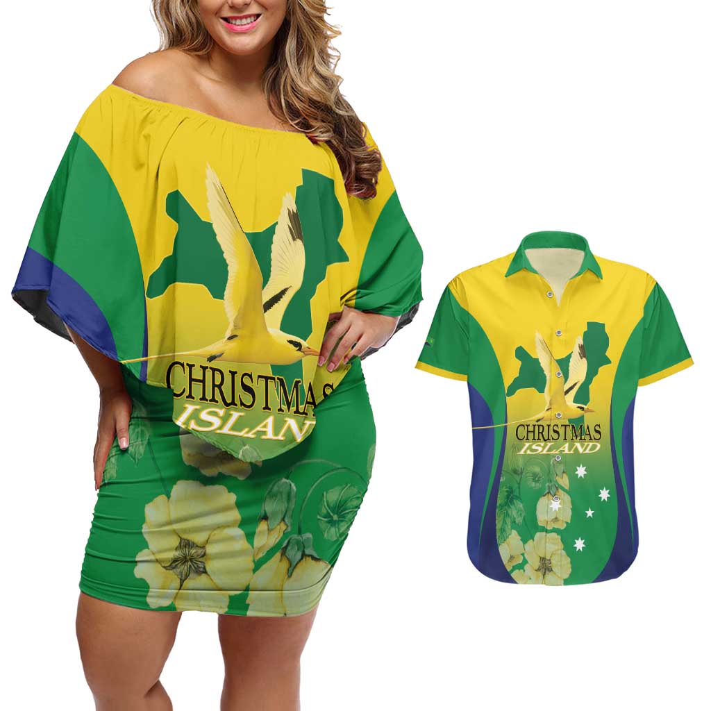 Personalised Australia Christmas Island Couples Matching Off Shoulder Short Dress and Hawaiian Shirt Golden Bosun Abutilon listeri With Map - Aussie Hoodie