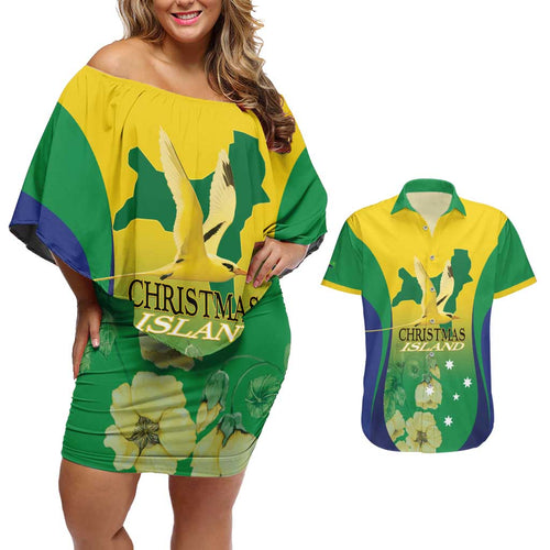 Personalised Australia Christmas Island Couples Matching Off Shoulder Short Dress and Hawaiian Shirt Golden Bosun Abutilon listeri With Map - Aussie Hoodie
