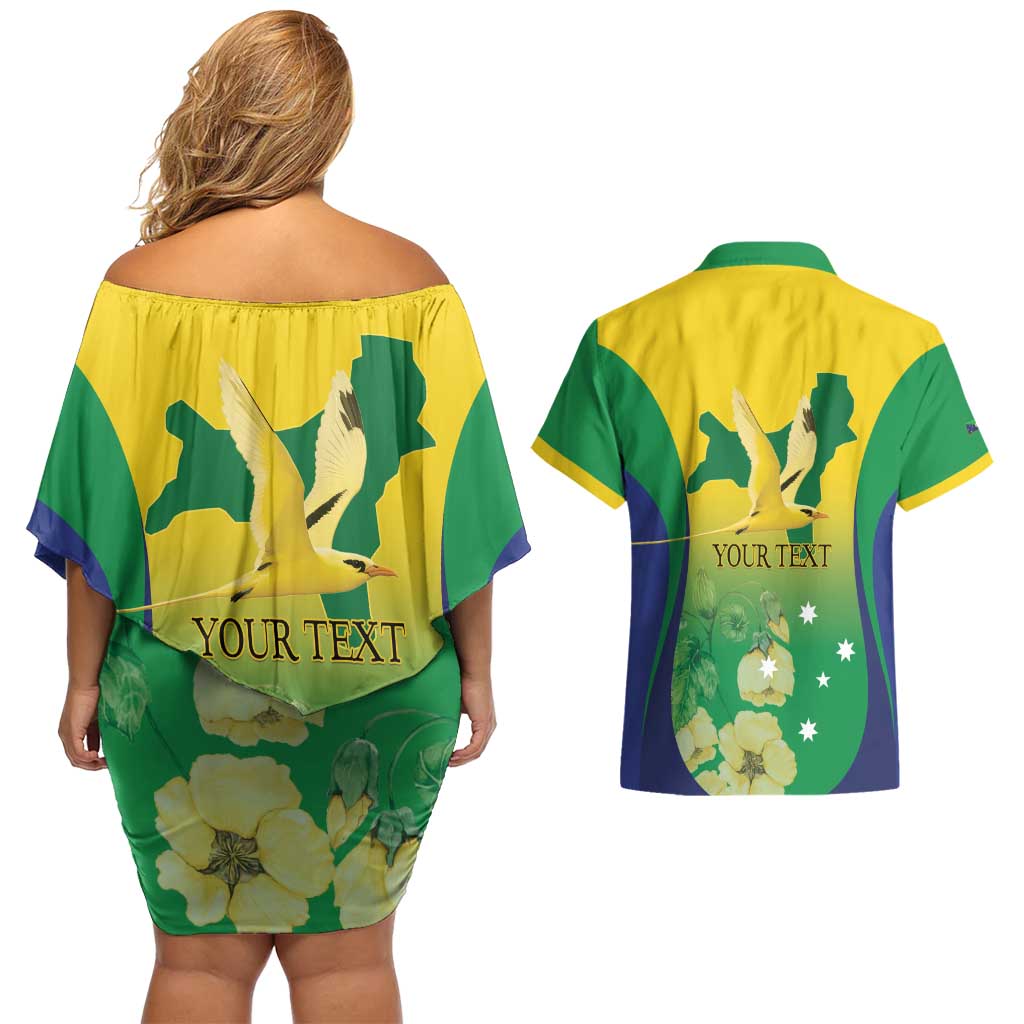 Personalised Australia Christmas Island Couples Matching Off Shoulder Short Dress and Hawaiian Shirt Golden Bosun Abutilon listeri With Map - Aussie Hoodie