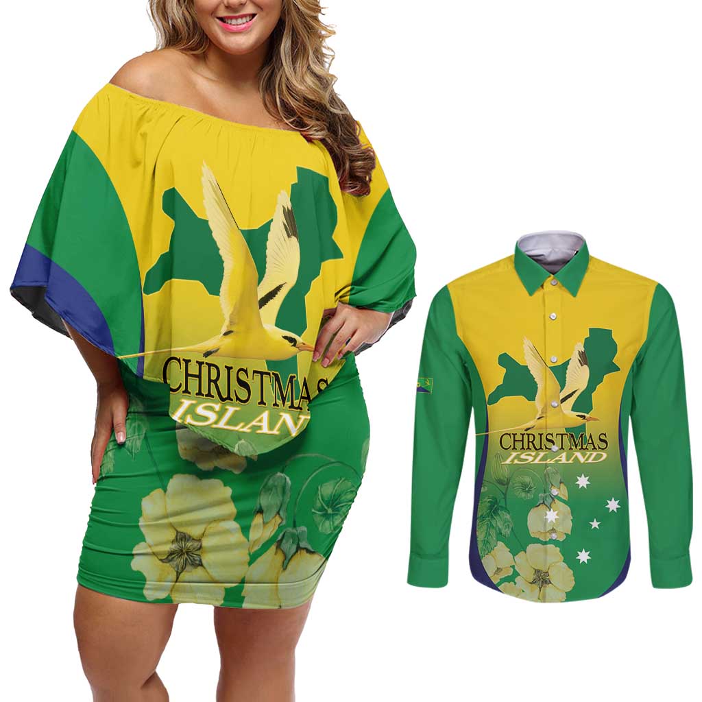 Personalised Australia Christmas Island Couples Matching Off Shoulder Short Dress and Long Sleeve Button Shirt Golden Bosun Abutilon listeri With Map - Aussie Hoodie