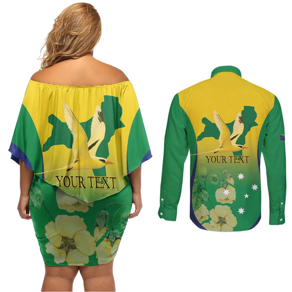 Personalised Australia Christmas Island Couples Matching Off Shoulder Short Dress and Long Sleeve Button Shirt Golden Bosun Abutilon listeri With Map - Aussie Hoodie
