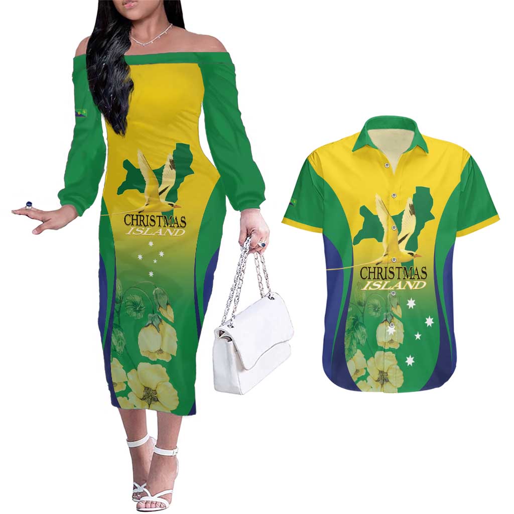 Personalised Australia Christmas Island Couples Matching Off The Shoulder Long Sleeve Dress and Hawaiian Shirt Golden Bosun Abutilon listeri With Map - Aussie Hoodie
