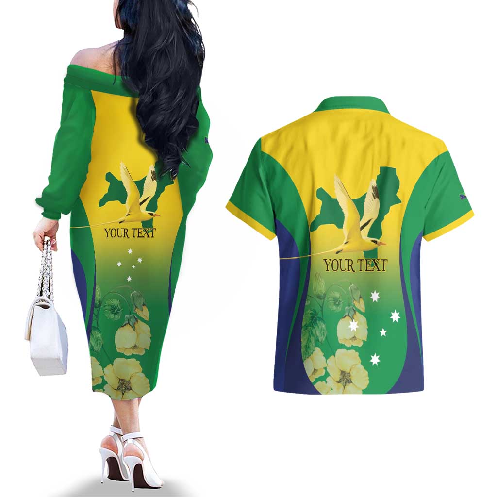 Personalised Australia Christmas Island Couples Matching Off The Shoulder Long Sleeve Dress and Hawaiian Shirt Golden Bosun Abutilon listeri With Map - Aussie Hoodie