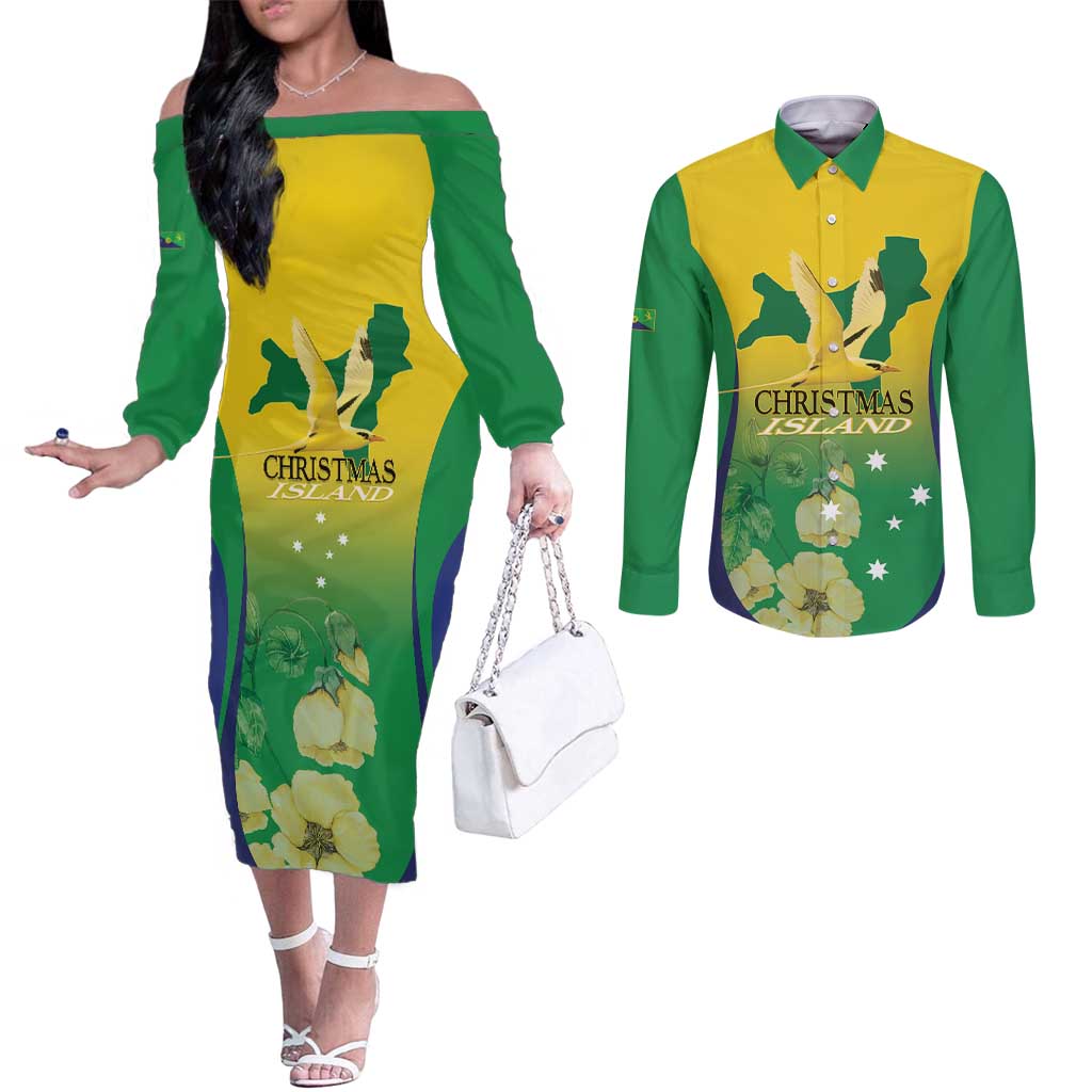 Personalised Australia Christmas Island Couples Matching Off The Shoulder Long Sleeve Dress and Long Sleeve Button Shirt Golden Bosun Abutilon listeri With Map - Aussie Hoodie