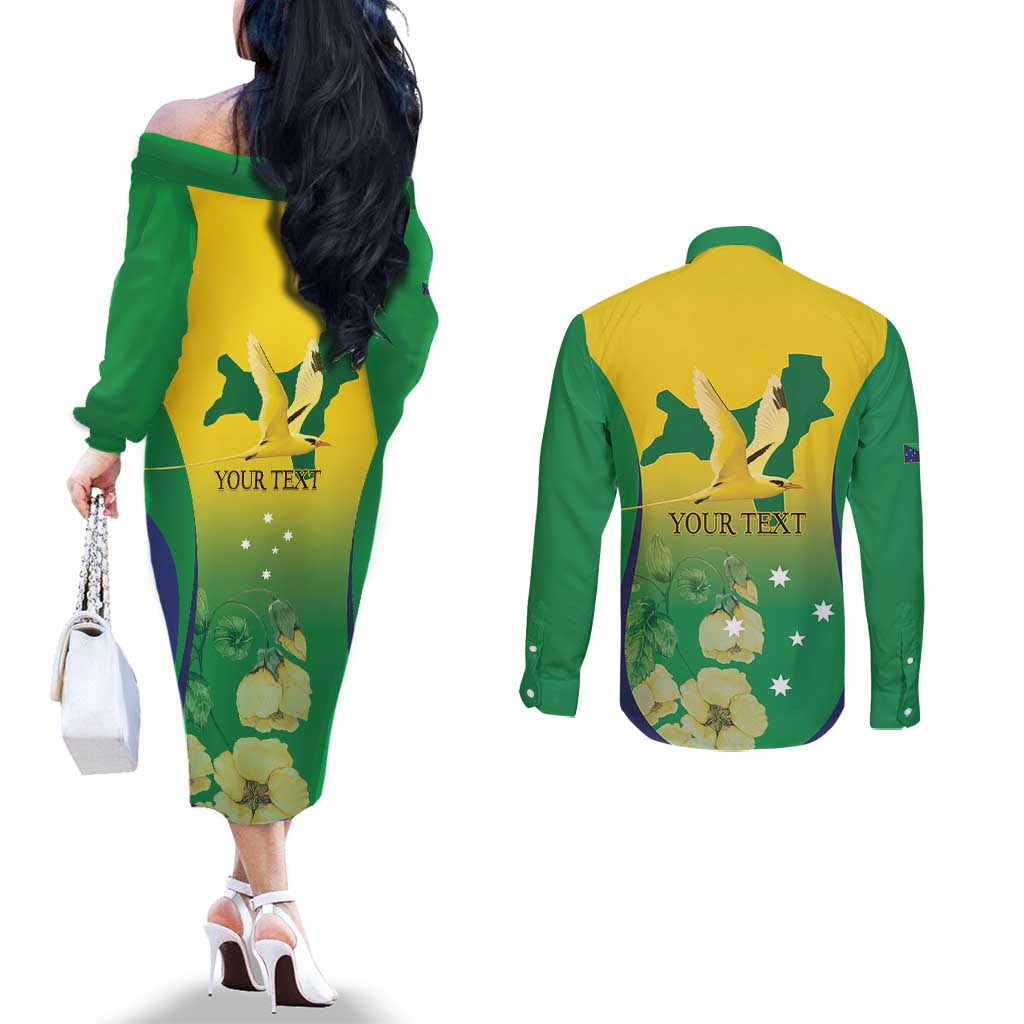 Personalised Australia Christmas Island Couples Matching Off The Shoulder Long Sleeve Dress and Long Sleeve Button Shirt Golden Bosun Abutilon listeri With Map - Aussie Hoodie