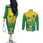 Personalised Australia Christmas Island Couples Matching Off The Shoulder Long Sleeve Dress and Long Sleeve Button Shirt Golden Bosun Abutilon listeri With Map - Aussie Hoodie