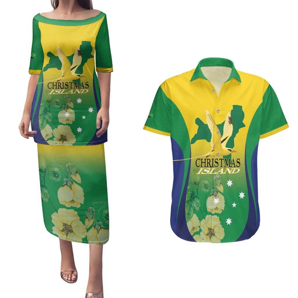 Personalised Australia Christmas Island Couples Matching Puletasi and Hawaiian Shirt Golden Bosun Abutilon listeri With Map - Aussie Hoodie