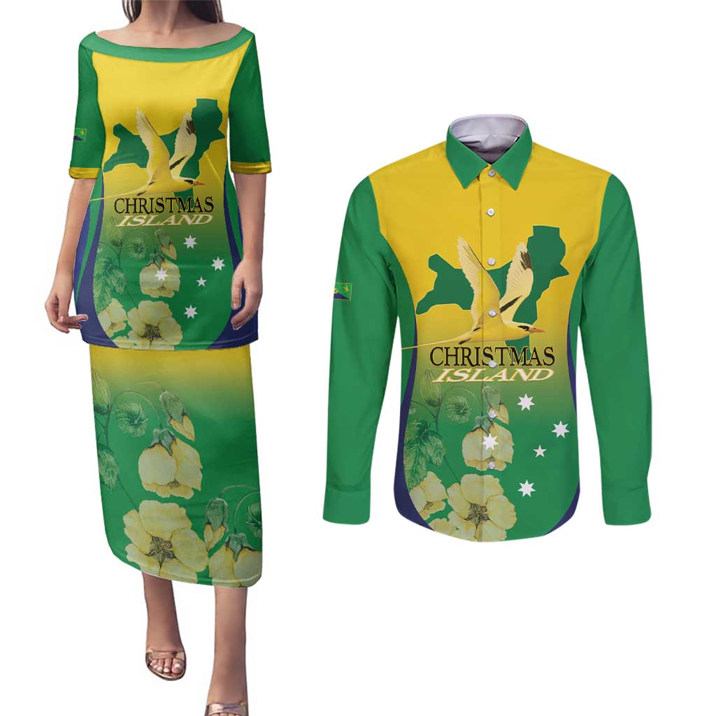 Personalised Australia Christmas Island Couples Matching Puletasi and Long Sleeve Button Shirt Golden Bosun Abutilon listeri With Map - Aussie Hoodie