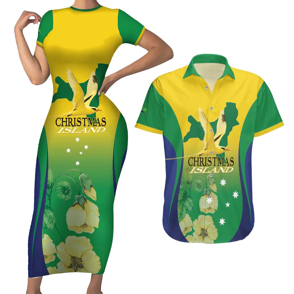 Personalised Australia Christmas Island Couples Matching Short Sleeve Bodycon Dress and Hawaiian Shirt Golden Bosun Abutilon listeri With Map - Aussie Hoodie