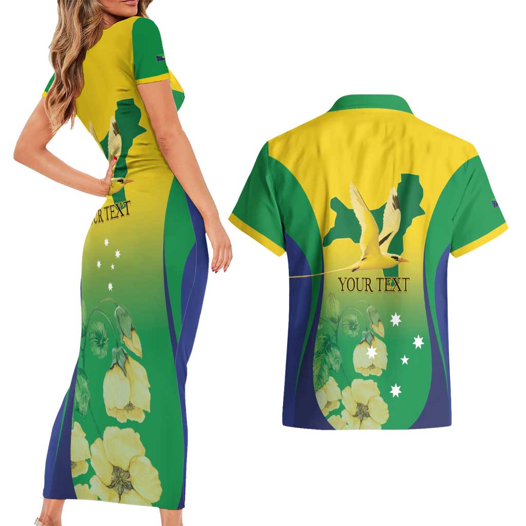 Personalised Australia Christmas Island Couples Matching Short Sleeve Bodycon Dress and Hawaiian Shirt Golden Bosun Abutilon listeri With Map - Aussie Hoodie