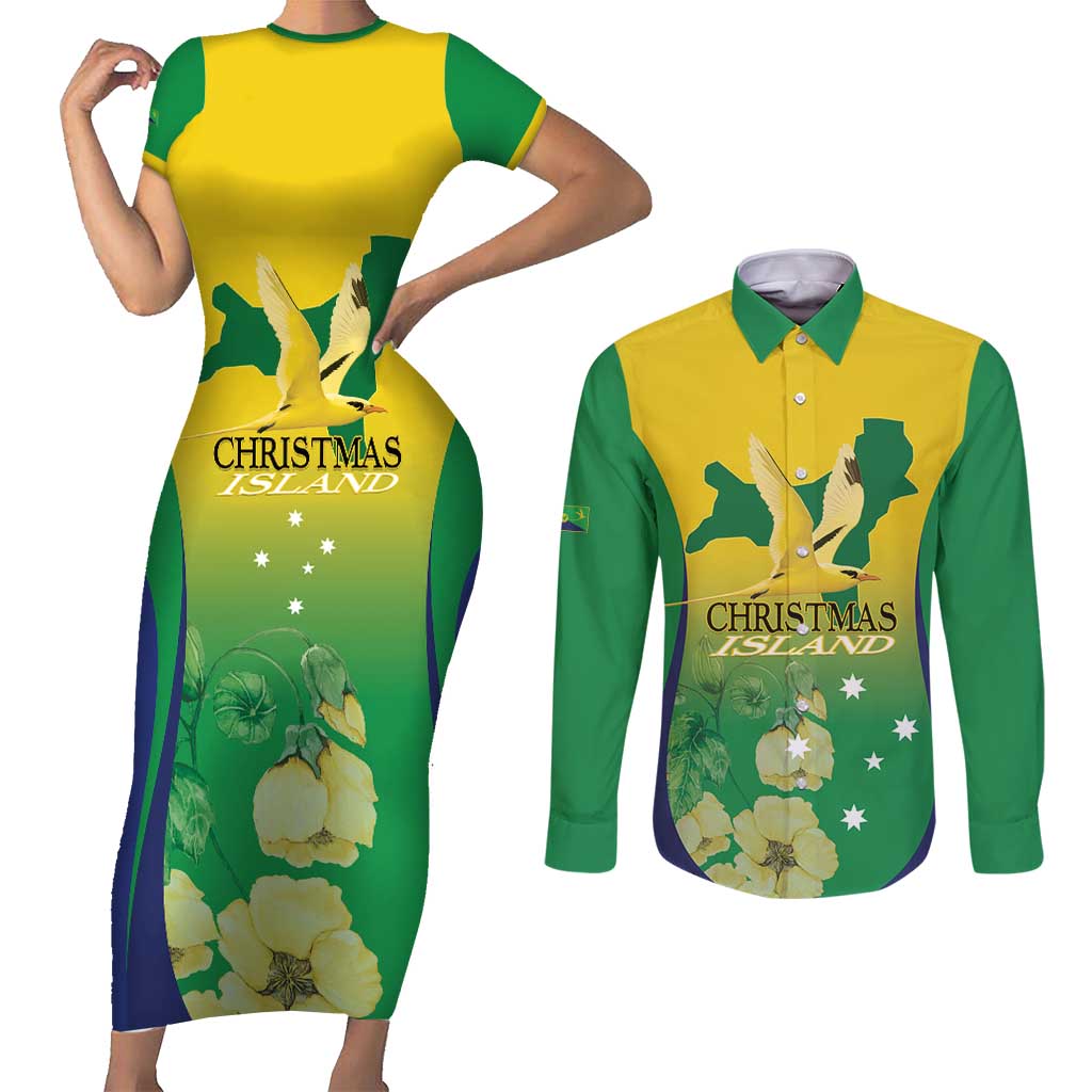 Personalised Australia Christmas Island Couples Matching Short Sleeve Bodycon Dress and Long Sleeve Button Shirt Golden Bosun Abutilon listeri With Map - Aussie Hoodie