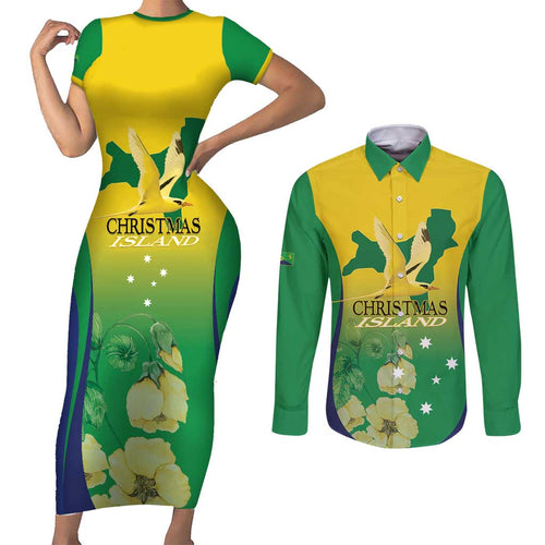 Personalised Australia Christmas Island Couples Matching Short Sleeve Bodycon Dress and Long Sleeve Button Shirt Golden Bosun Abutilon listeri With Map - Aussie Hoodie