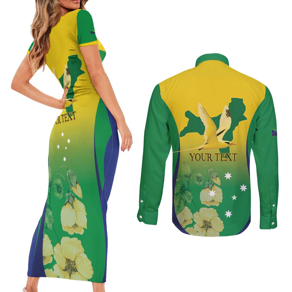 Personalised Australia Christmas Island Couples Matching Short Sleeve Bodycon Dress and Long Sleeve Button Shirt Golden Bosun Abutilon listeri With Map - Aussie Hoodie