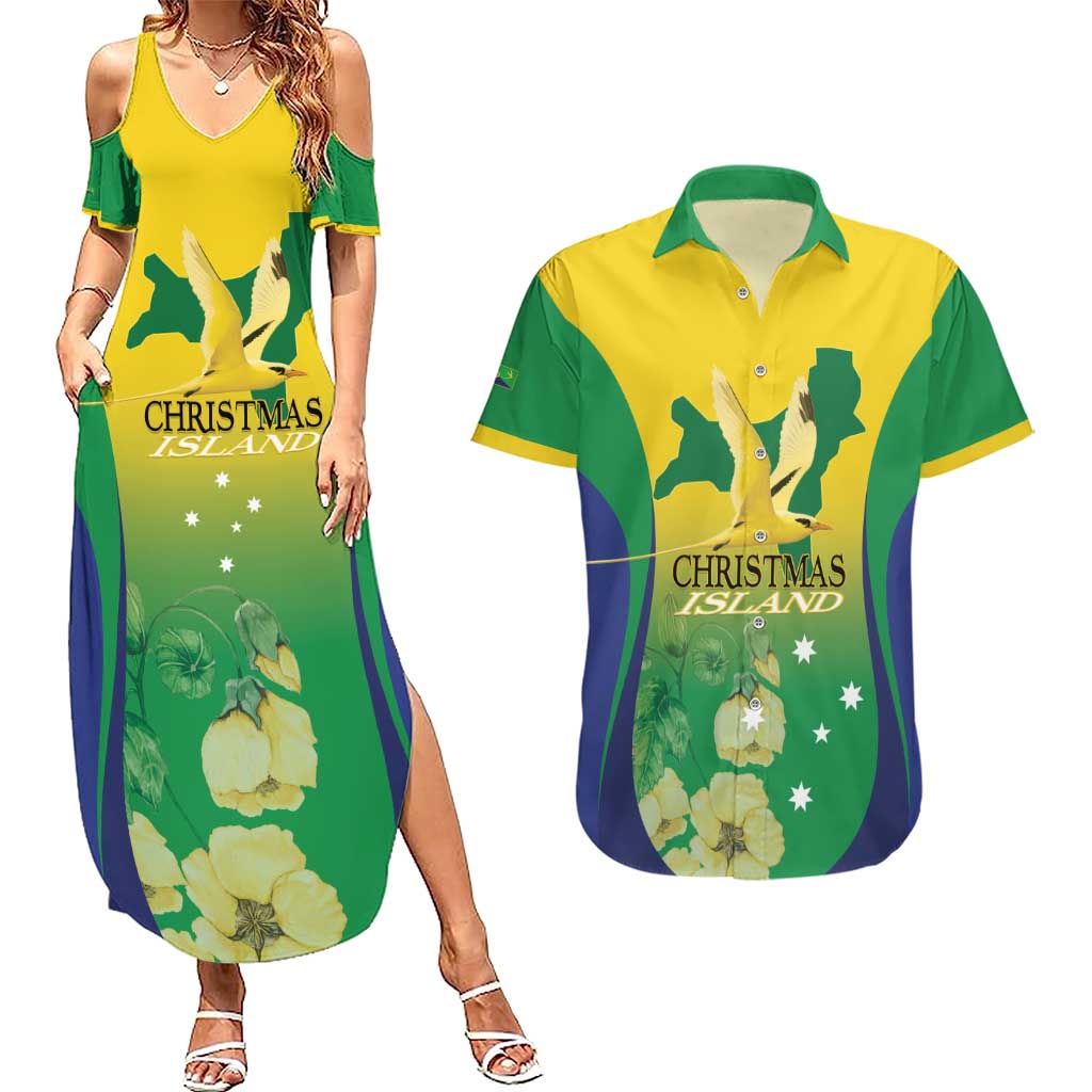 Personalised Australia Christmas Island Couples Matching Summer Maxi Dress and Hawaiian Shirt Golden Bosun Abutilon listeri With Map - Aussie Hoodie