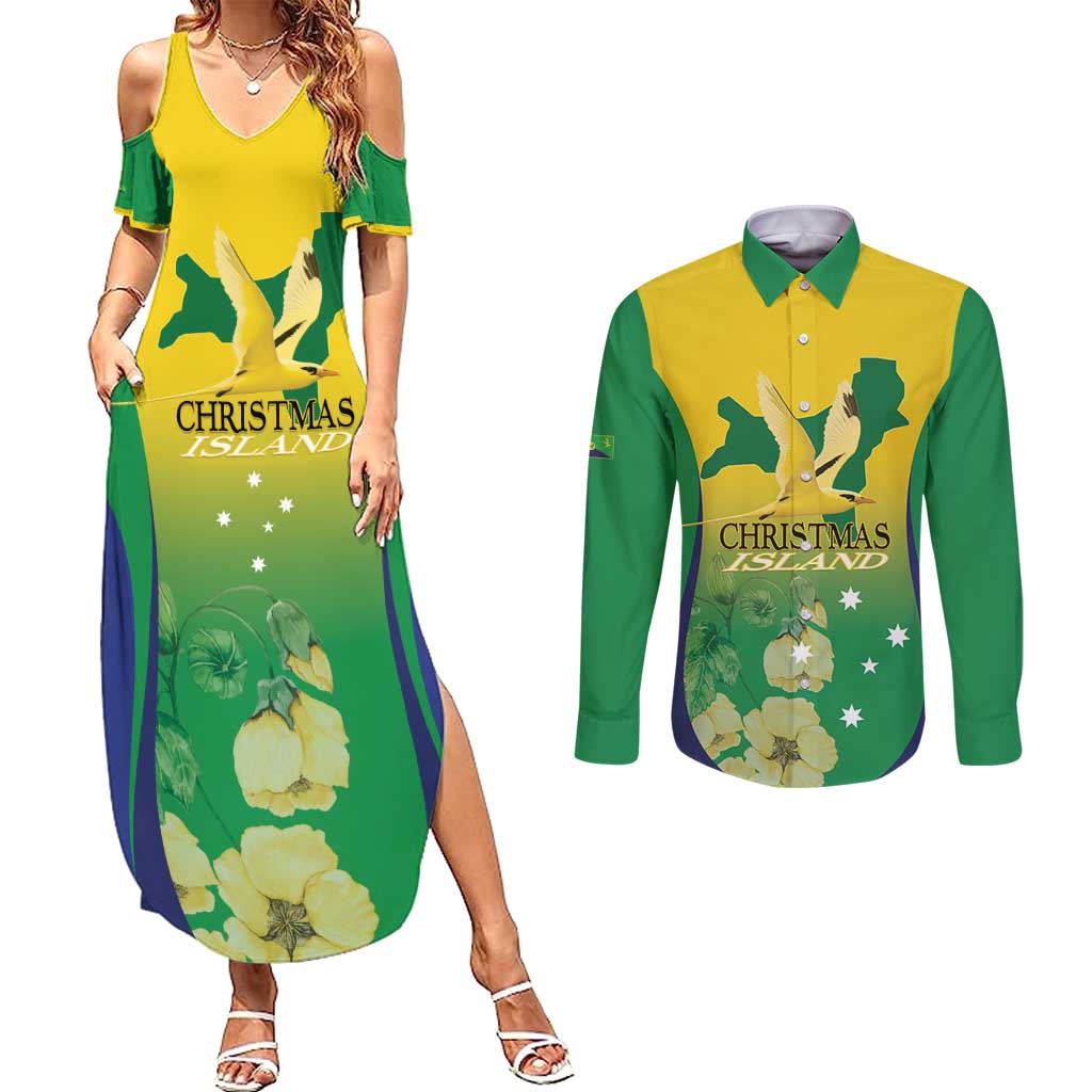 Personalised Australia Christmas Island Couples Matching Summer Maxi Dress and Long Sleeve Button Shirt Golden Bosun Abutilon listeri With Map - Aussie Hoodie