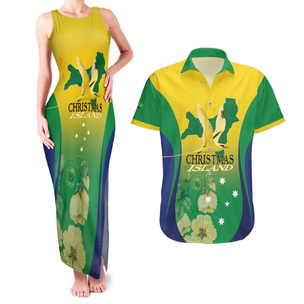 Personalised Australia Christmas Island Couples Matching Tank Maxi Dress and Hawaiian Shirt Golden Bosun Abutilon listeri With Map - Aussie Hoodie
