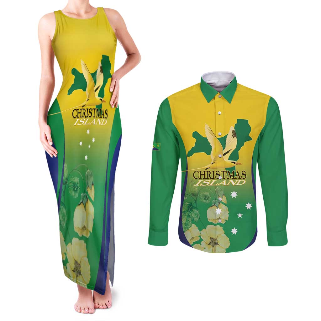 Personalised Australia Christmas Island Couples Matching Tank Maxi Dress and Long Sleeve Button Shirt Golden Bosun Abutilon listeri With Map - Aussie Hoodie