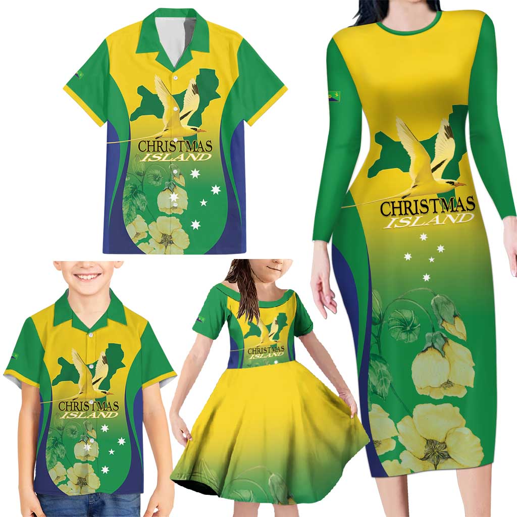 Personalised Australia Christmas Island Family Matching Long Sleeve Bodycon Dress and Hawaiian Shirt Golden Bosun Abutilon listeri With Map - Aussie Hoodie