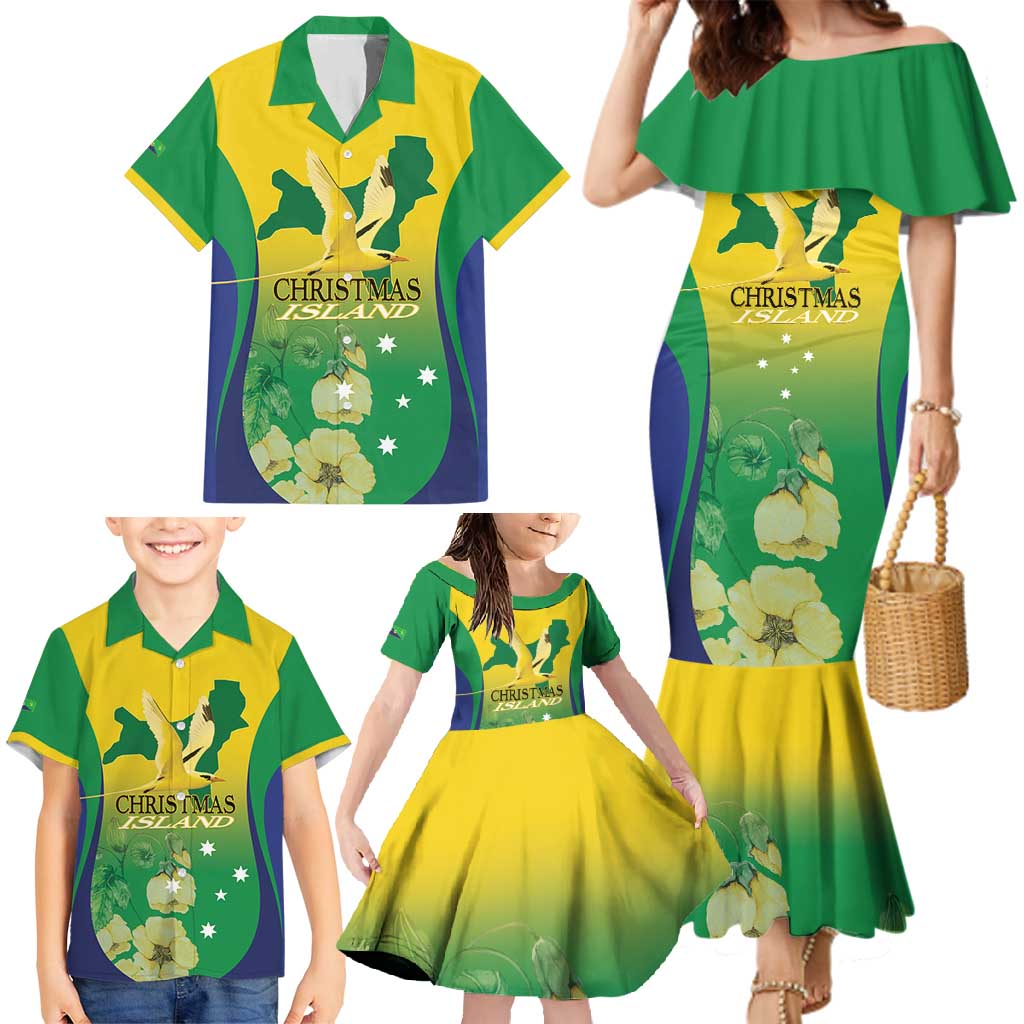 Personalised Australia Christmas Island Family Matching Mermaid Dress and Hawaiian Shirt Golden Bosun Abutilon listeri With Map - Aussie Hoodie