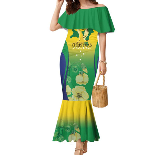 Personalised Australia Christmas Island Family Matching Mermaid Dress and Hawaiian Shirt Golden Bosun Abutilon listeri With Map - Aussie Hoodie